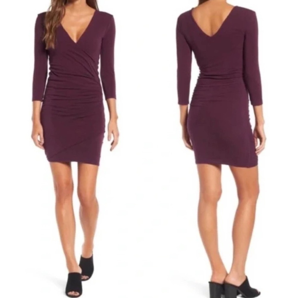 James Perse Standard Tucked Faux Wrap Dress Burgundy Pure Raisin V Neck Size 1